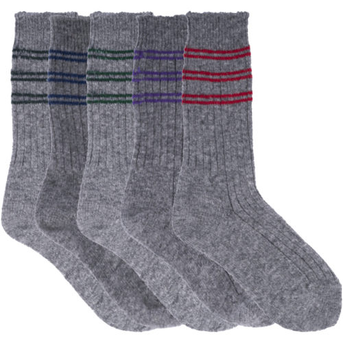 Wool socks with black, blue, green, purple, and red stripes.